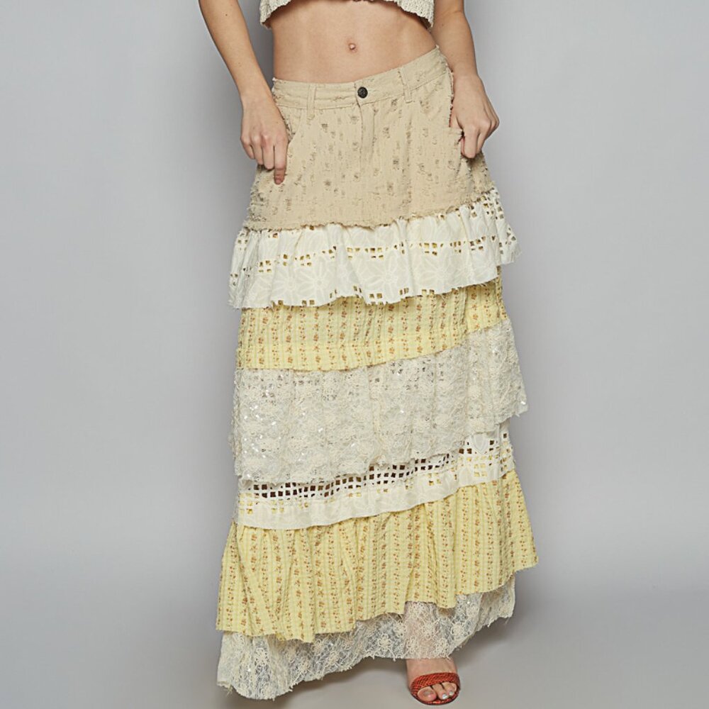 POL Beige and Yellow Maxi Skirt